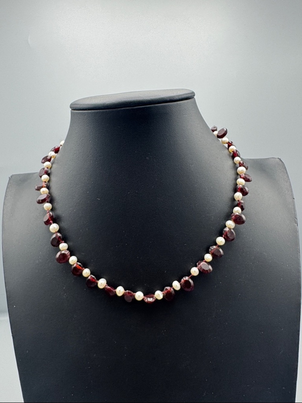 Classic Garnet and Pearl Bead Necklace - Elegant Red and Cream Design